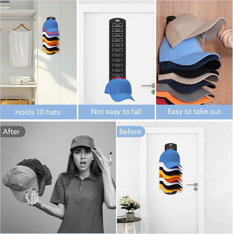 Dntorx Hat Organizer for Baseball Caps, 2 Pack Hat Rack for Wall Hold up to 20 Hats Adhesive Hat Hooks Stand Hat Hanger Organizer Storage Holder Display for Door Closet Bedroom - Image 5